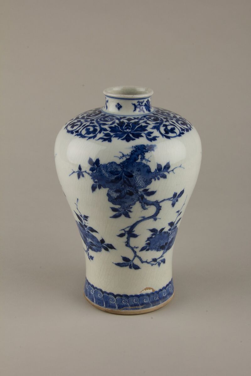 Meiping vase  with peach, pomegranade, and fingered citron, Soft-paste porcelain painted in underglaze cobalt blue (Jingdezhen ware), China 