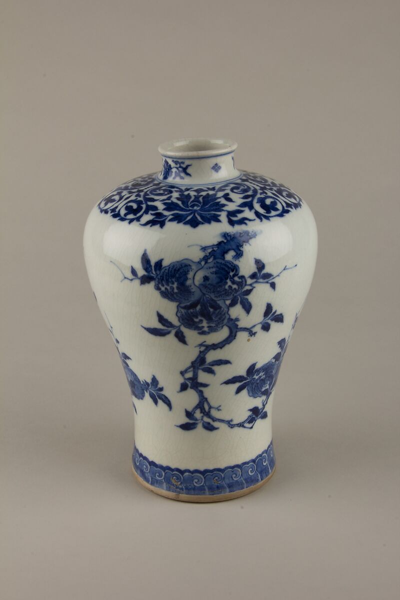 Meiping vase  with peach, pomegranade, and fingered citron, Soft-paste porcelain painted in underglaze cobalt blue (Jingdezhen ware), China
