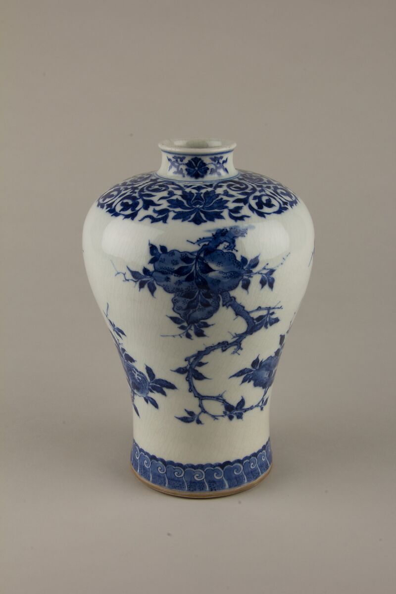 Meiping vase  with peach, pomegranade, and fingered citron, Soft-paste porcelain painted in underglaze cobalt blue (Jingdezhen ware), China