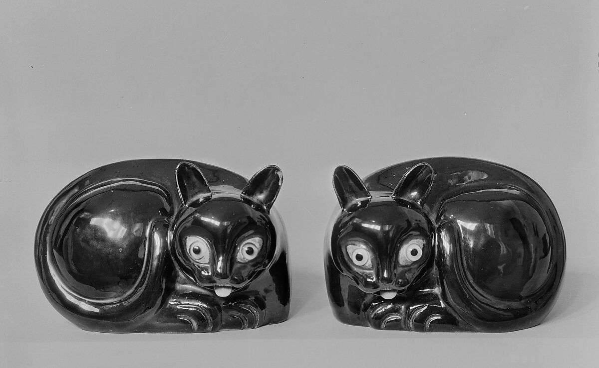 Cat (one of a pair), Porcelain with black enamel (Jingdezhen ware), modern plastic repair of eyes, China 