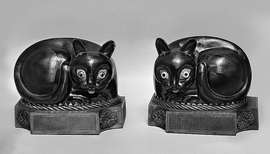 Cat (one of a pair), Porcelain with black enamel (Jingdezhen ware), modern plastic repair of eyes, China