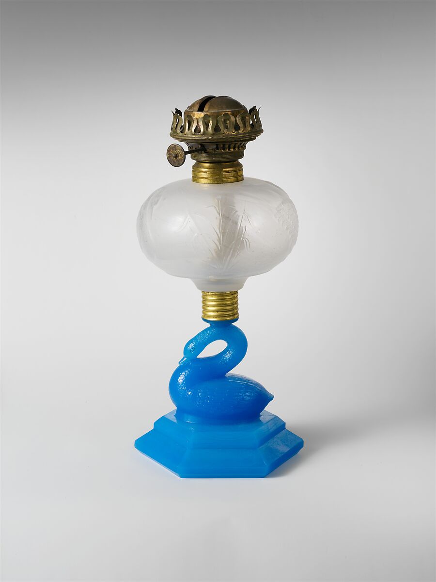 Lamp, Probably Atterbury and Company (ca. 1867–1893), Frosted colorless and opaque blue glass, brass, American 