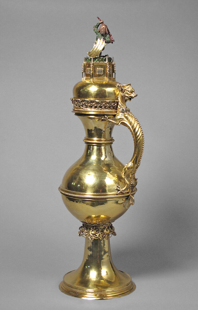 Ewer with Wildman Finial, Silver gilt, enamel, and paint, German 