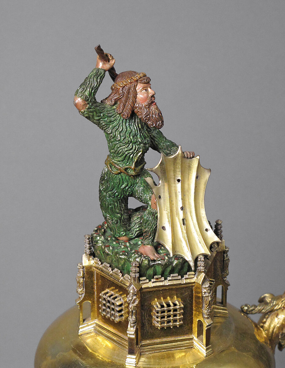 Ewer with Wildman Finial, Silver gilt, enamel, and paint, German