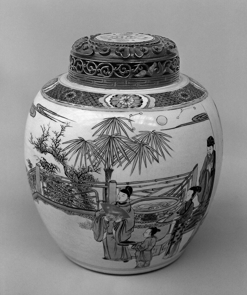 Jar with figures in a garden, Porcelain painted in overglaze polychrome enamels (Jingdezhen ware), China 