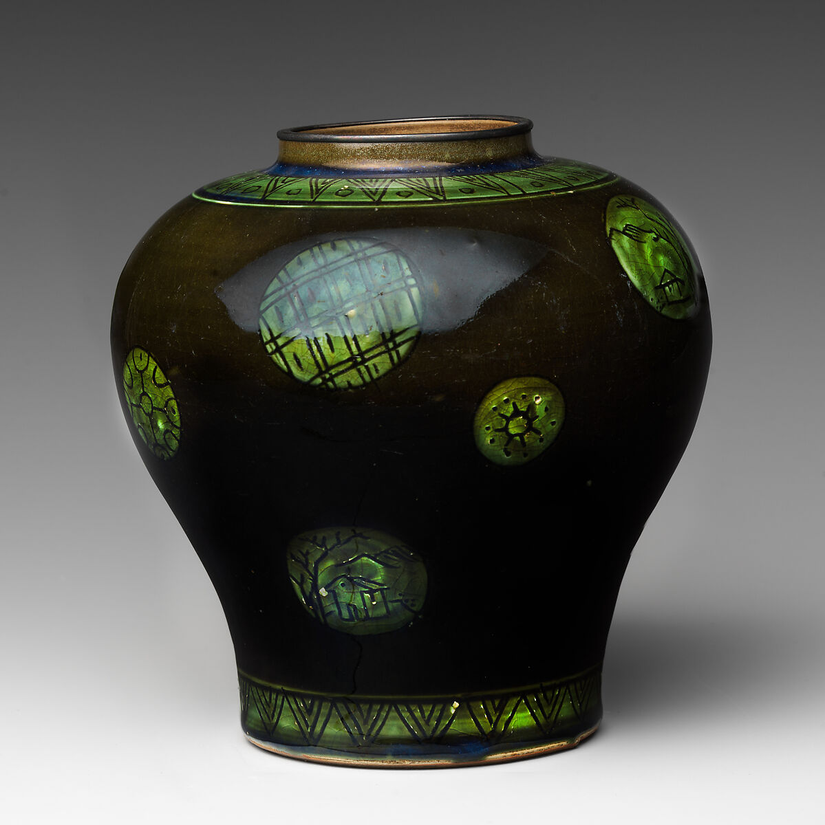 Jar, Pottery; silver band about rim (Kyoto ware), Japan