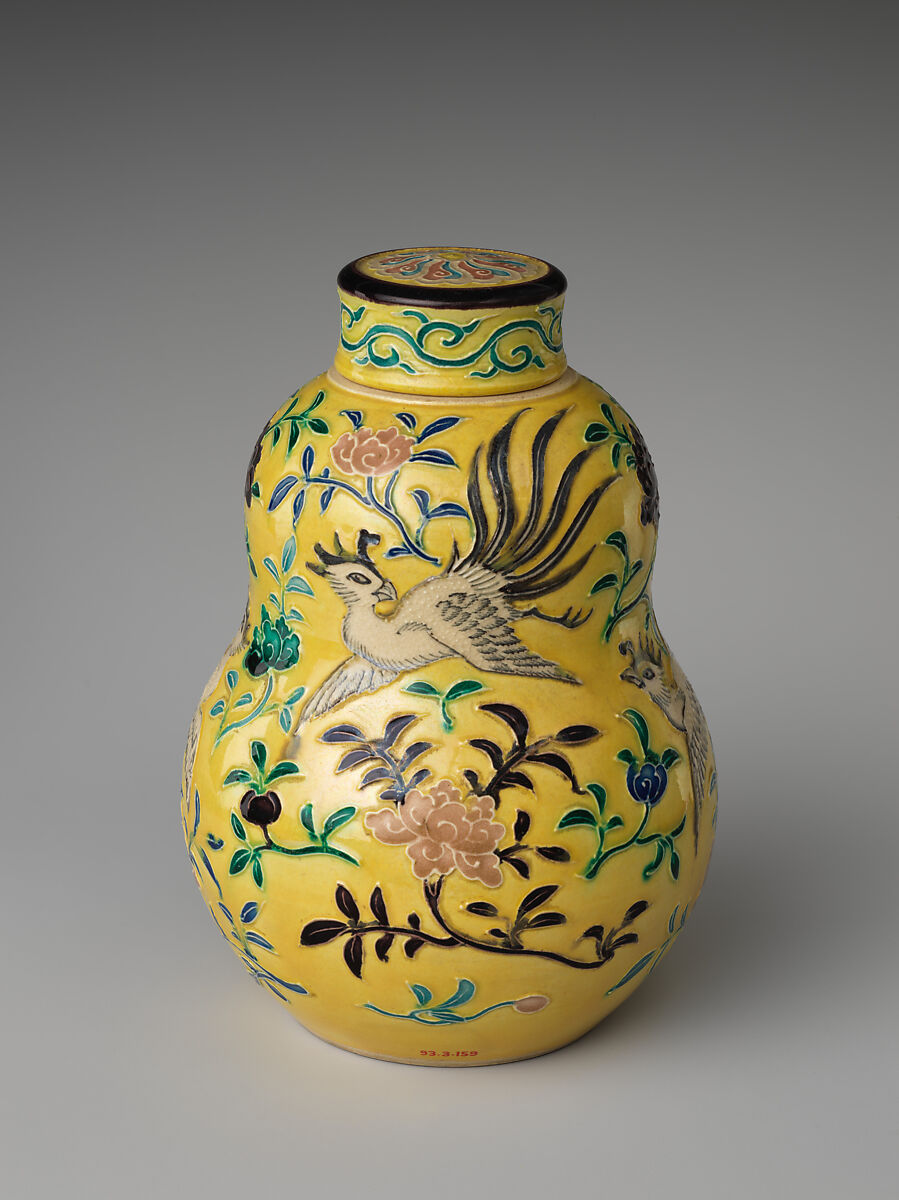 Sencha Tea Jar with Phoenixes and Peonies in the Cochin (Kōchi) Style, Eiraku Hozen (Japanese, 1795–1854), Stoneware with relief decoration and polychrome glazes (Kyoto ware, Eiraku type), Japan 