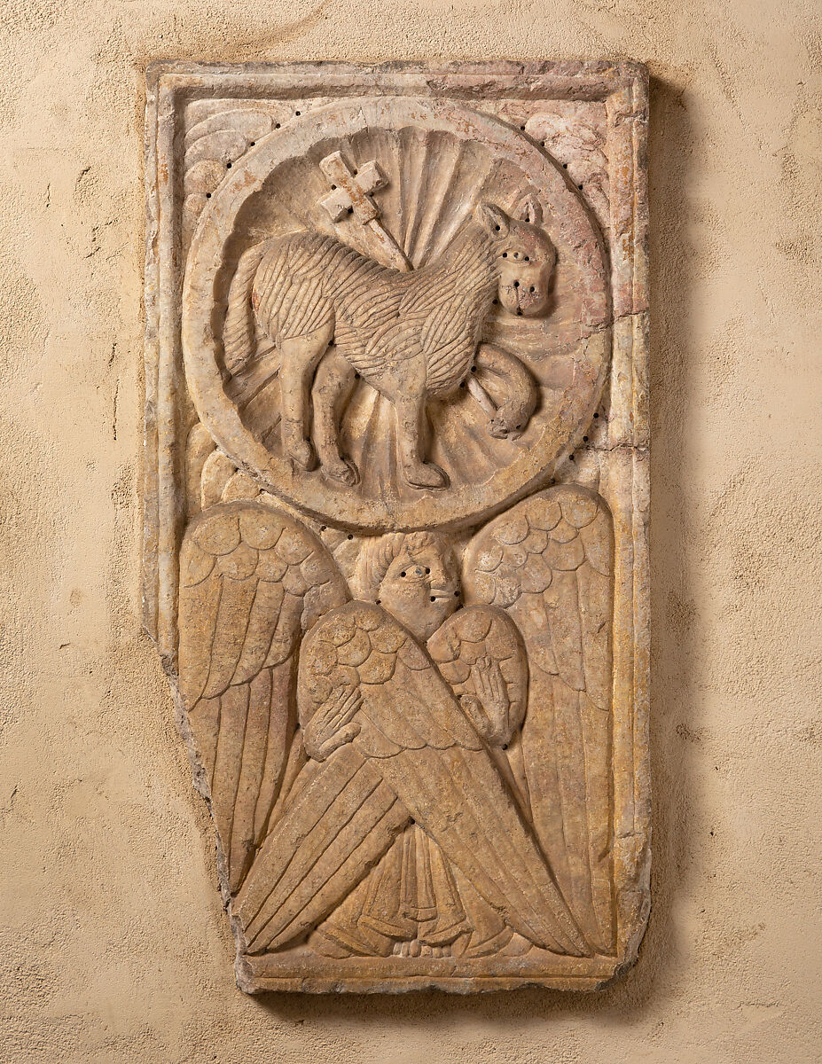 Relief of  Agnus Dei and Cherub, Marble, Catalan 
