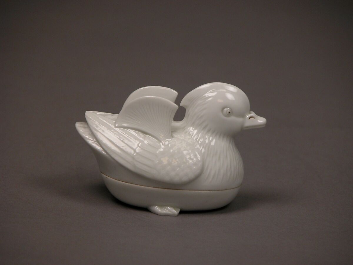 Covered incense box In form of mandarin duck, White porcelain (Hirado ware), Japan
