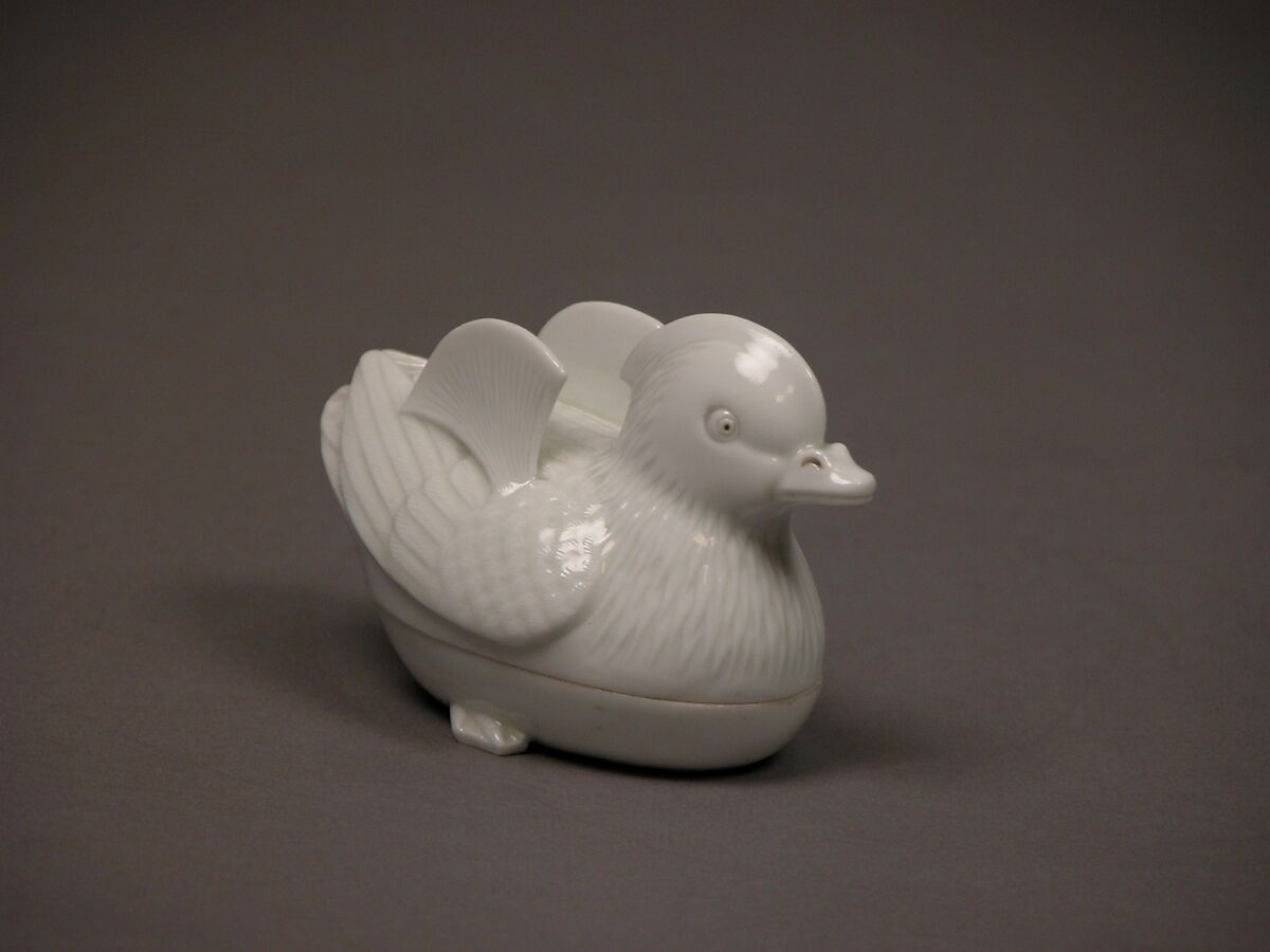 Covered incense box In form of mandarin duck, White porcelain (Hirado ware), Japan