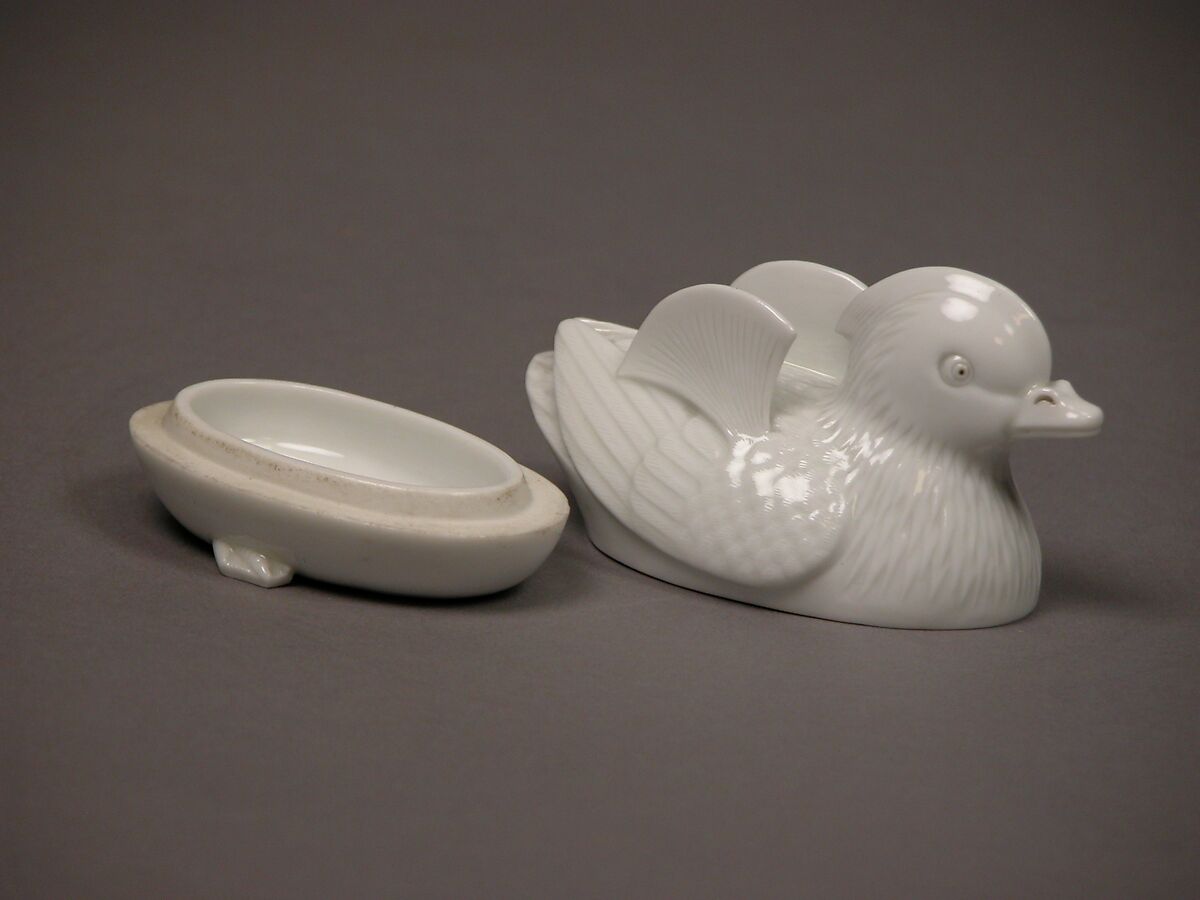 Covered incense box In form of mandarin duck, White porcelain (Hirado ware), Japan