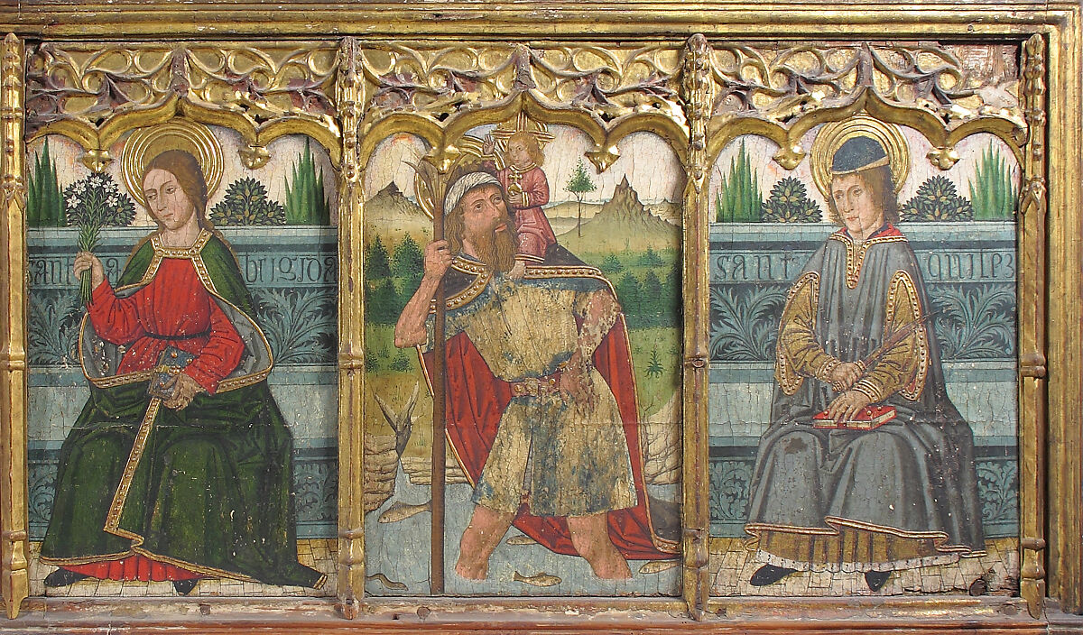 Predella pane with Saint Bridget, Saint Christopher, and Saint Kilian from Retable, Domingo Ram  Spanish, Tempera on wood, gold ground, Spanish