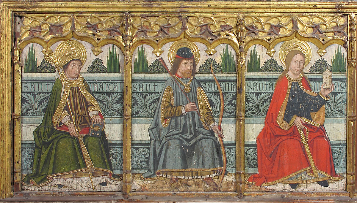 Predella panel with Saint Martial, Saint Sebastian, and Saint Mary Magdalen from Retable, Domingo Ram (Spanish, Aragon, active 1464–1507), Tempera on wood, gold ground, Spanish 