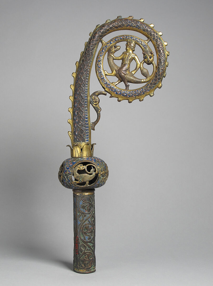 Head of a Crozier, Copper gilt, champlevé enamel. Volute formerly decorated with scale pattern of blue, white and red. Socket: foliated scrolls against blue enamel background (probably comes from another crosier)., French 