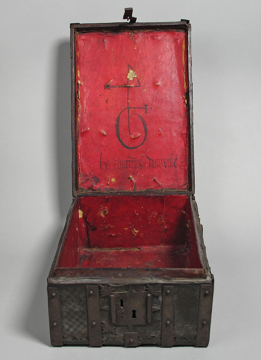 Coffret, wood, covered with leather, bound with iron, French or Spanish