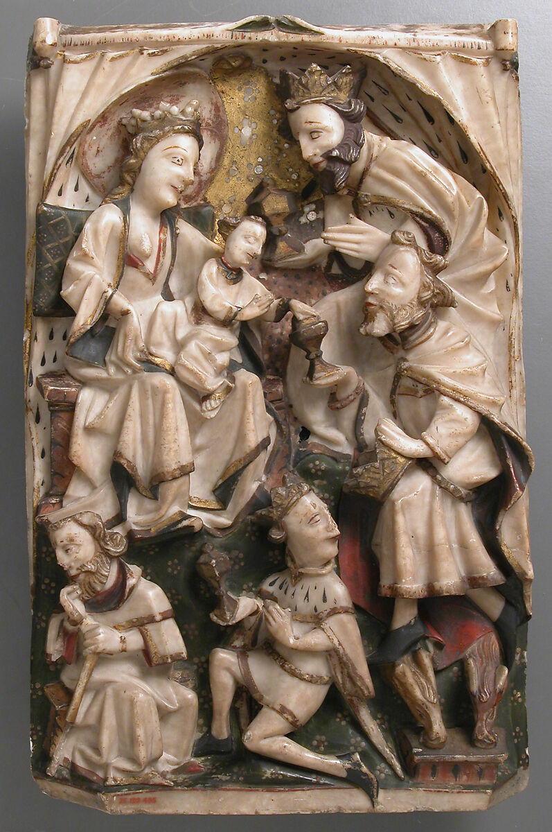 Adoration of the Magi, Alabaster with paint and gilding, British 