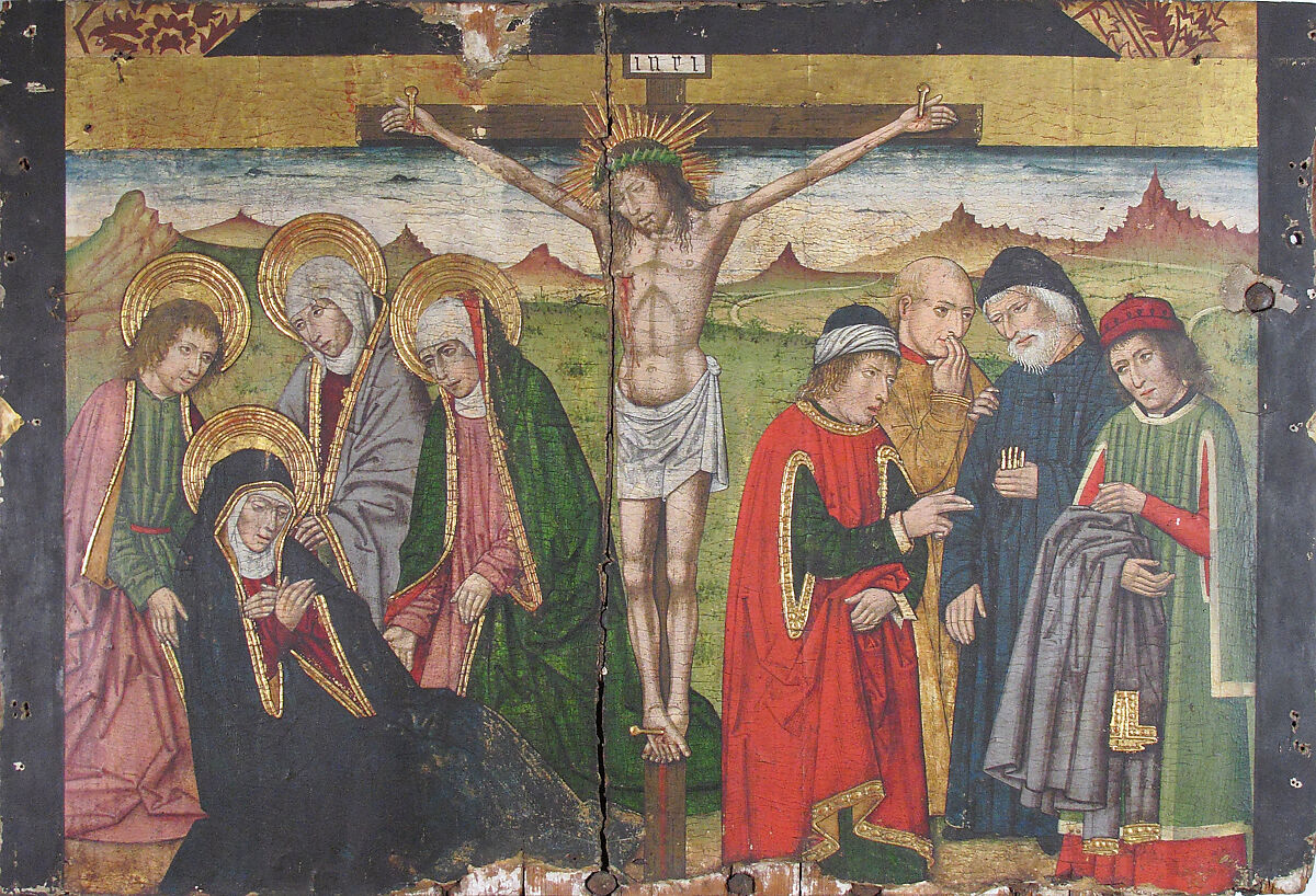 Panel with The Crucifixion from Retable, Domingo Ram (Spanish, Aragon, active 1464–1507), Tempera on wood, gold ground, Spanish 