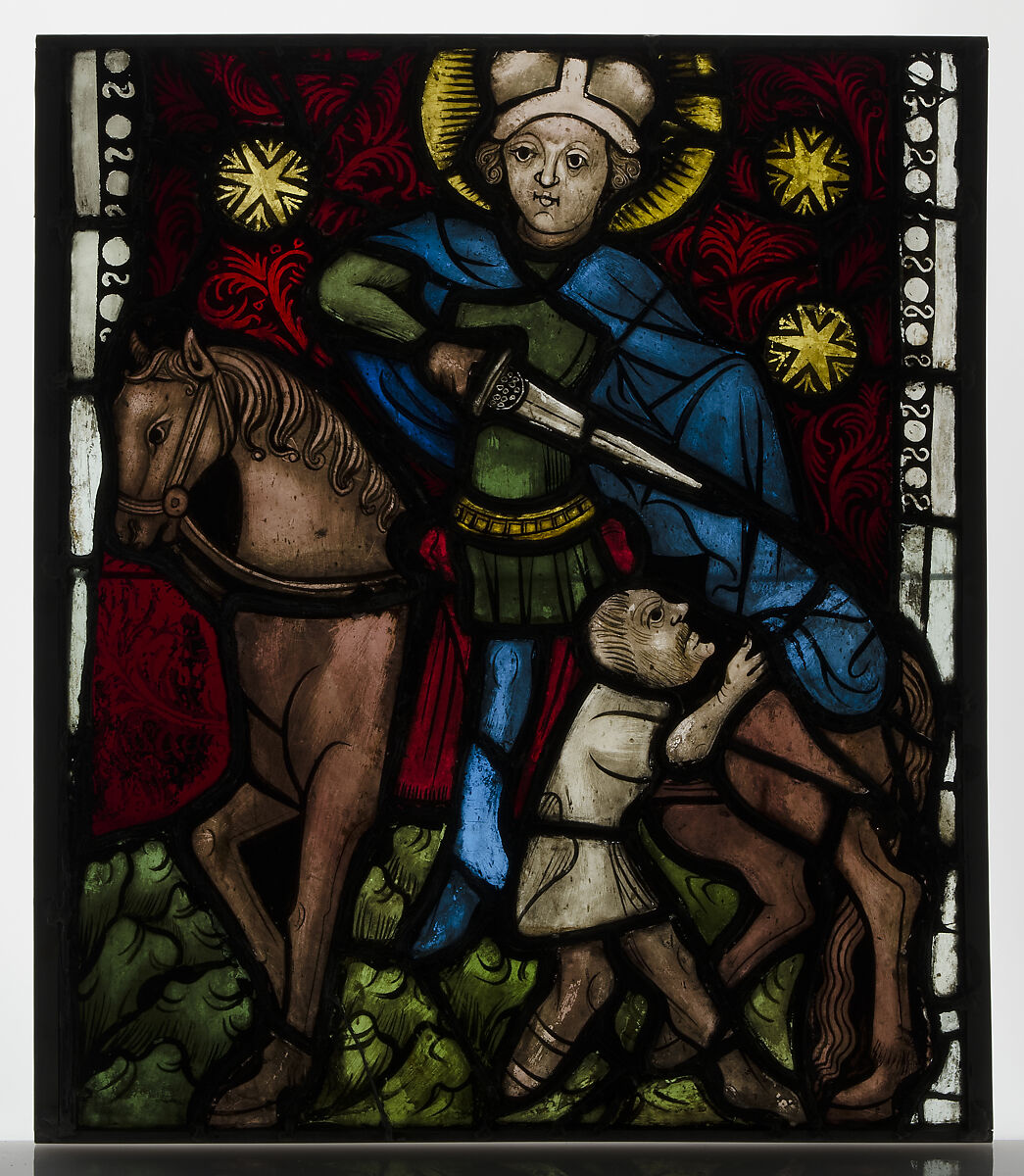 Saint Martin on Horseback Dividing His Cloak, Pot-metal and colorless glass with vitreous paint, Austrian 