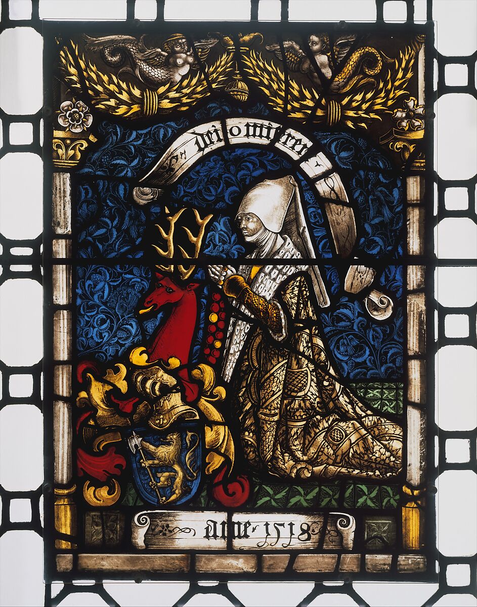 Heraldic Panel of Barbara von Zimmern, Pot-metal glass, white glass, vitreous paint, silver stain, colored enamel, German 