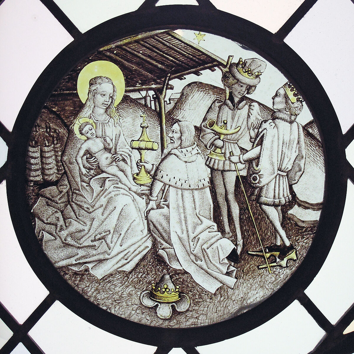 Roundel with Adoration of the Magi, Colorless glass, vitreous paint and silver stain, German 