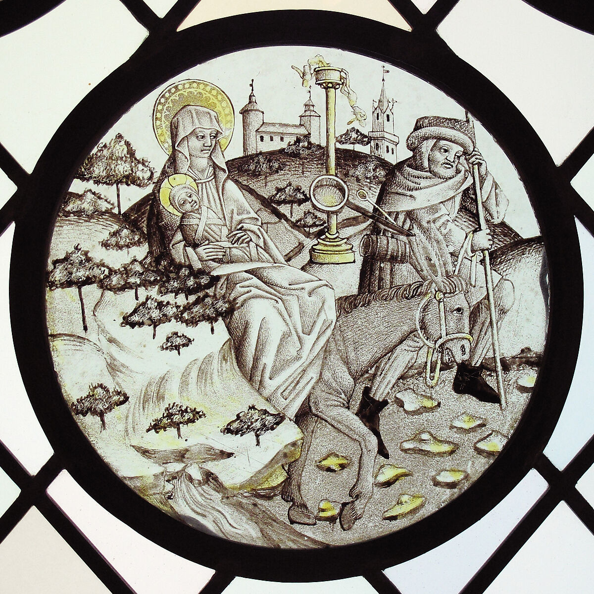 Roundel with the Flight into Egypt, Colorless glass, vitreous paint and silver stain, German 