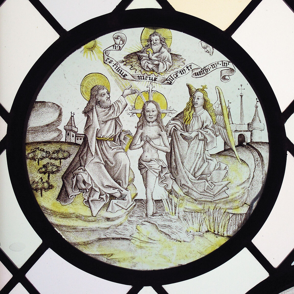 Roundel with the Baptism of Christ, Colorless glass, vitreous paint and silver stain, German 