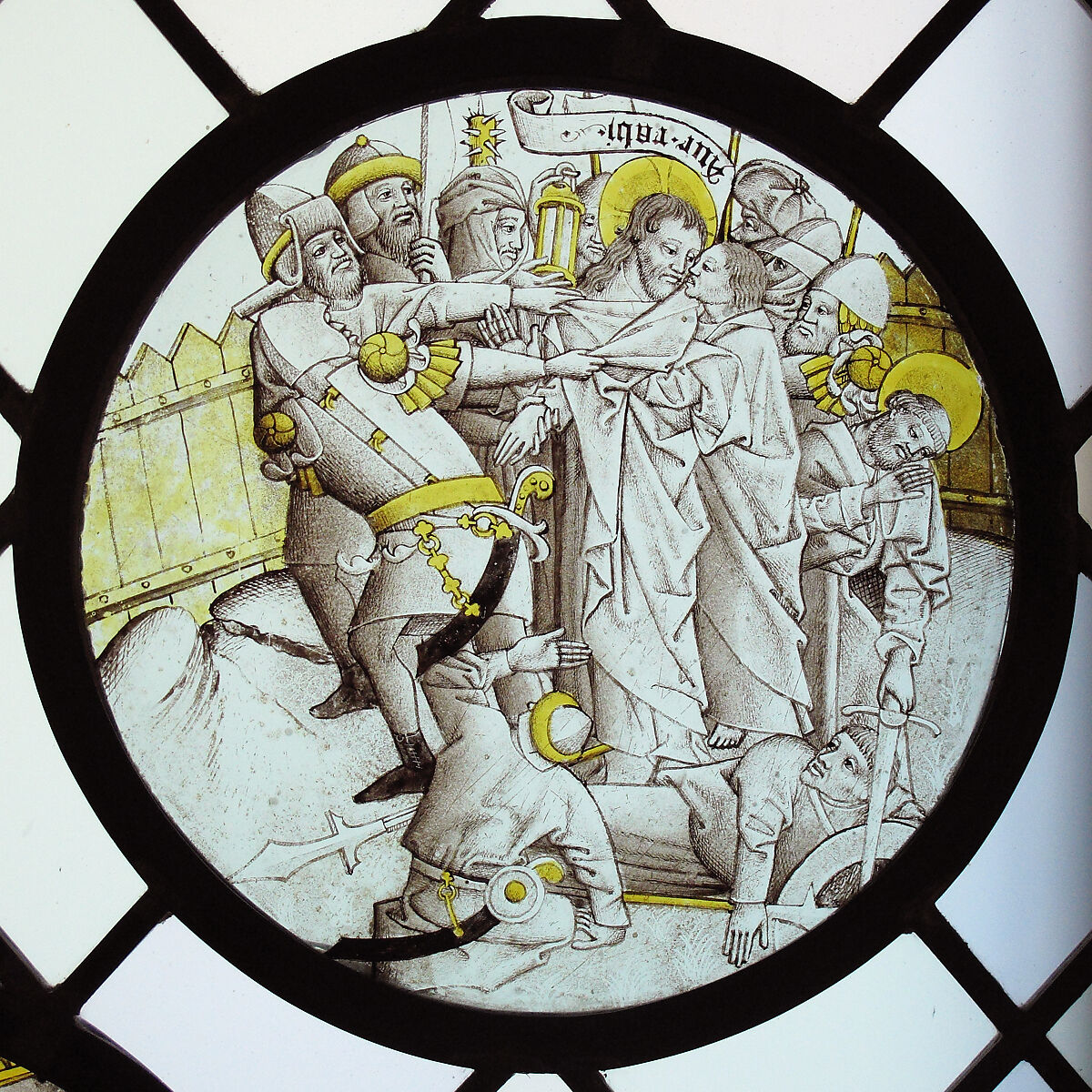 Roundel with the Betrayal, Colorless glass, vitreous paint and silver stain, German 