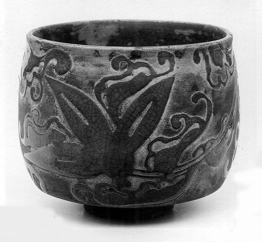 Fire bowl, Kinkozan, Clay, unglazed, with decorations in dark blue enamel (Awata ware), Japan 