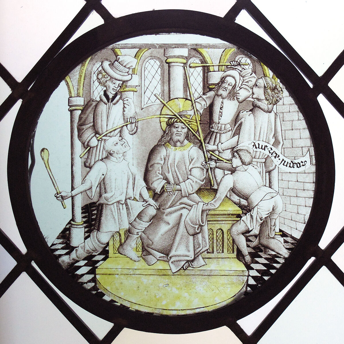 Roundel with Christ crowned with thorns and mocked, Colorless glass, vitreous paint and silver stain, German 