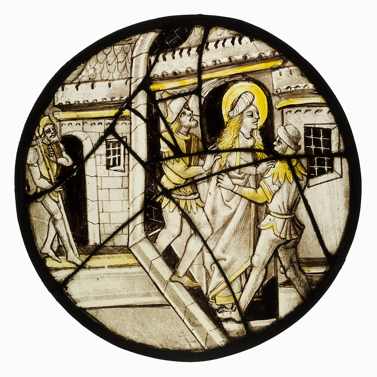 Roundel with Saint  Barbara or Saint Catherine Thrown into Prison, Colorless glass, silver stain, vitreous paint, German 