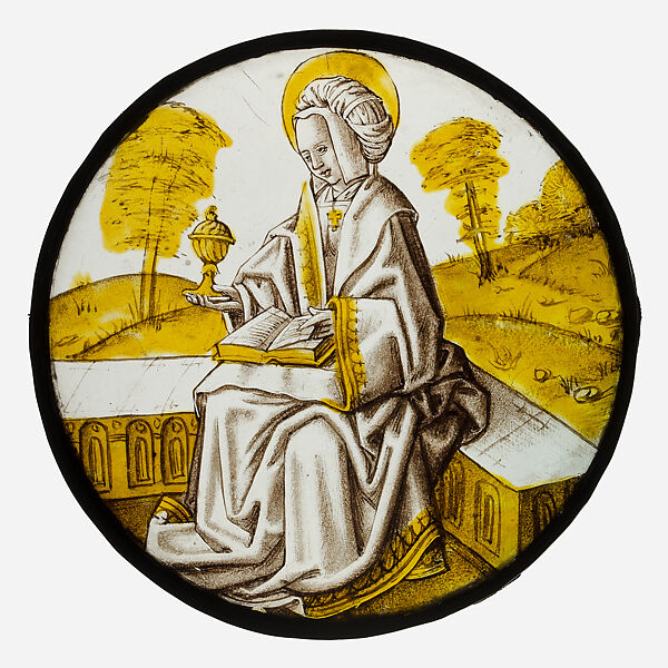 Roundel with Mary Magdalene, Colorless glass, silver stain, vitreous paint, South Netherlandish 
