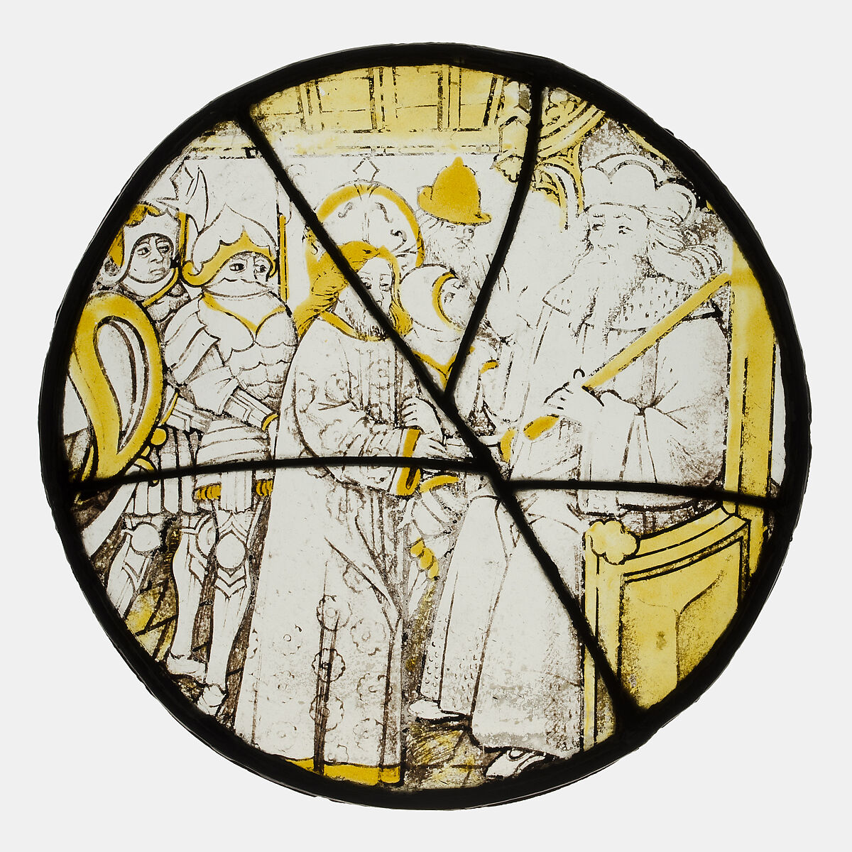 Roundel with Christ before Pilate, Colorless glass, silver stain, vitreous paint, South Netherlandish 