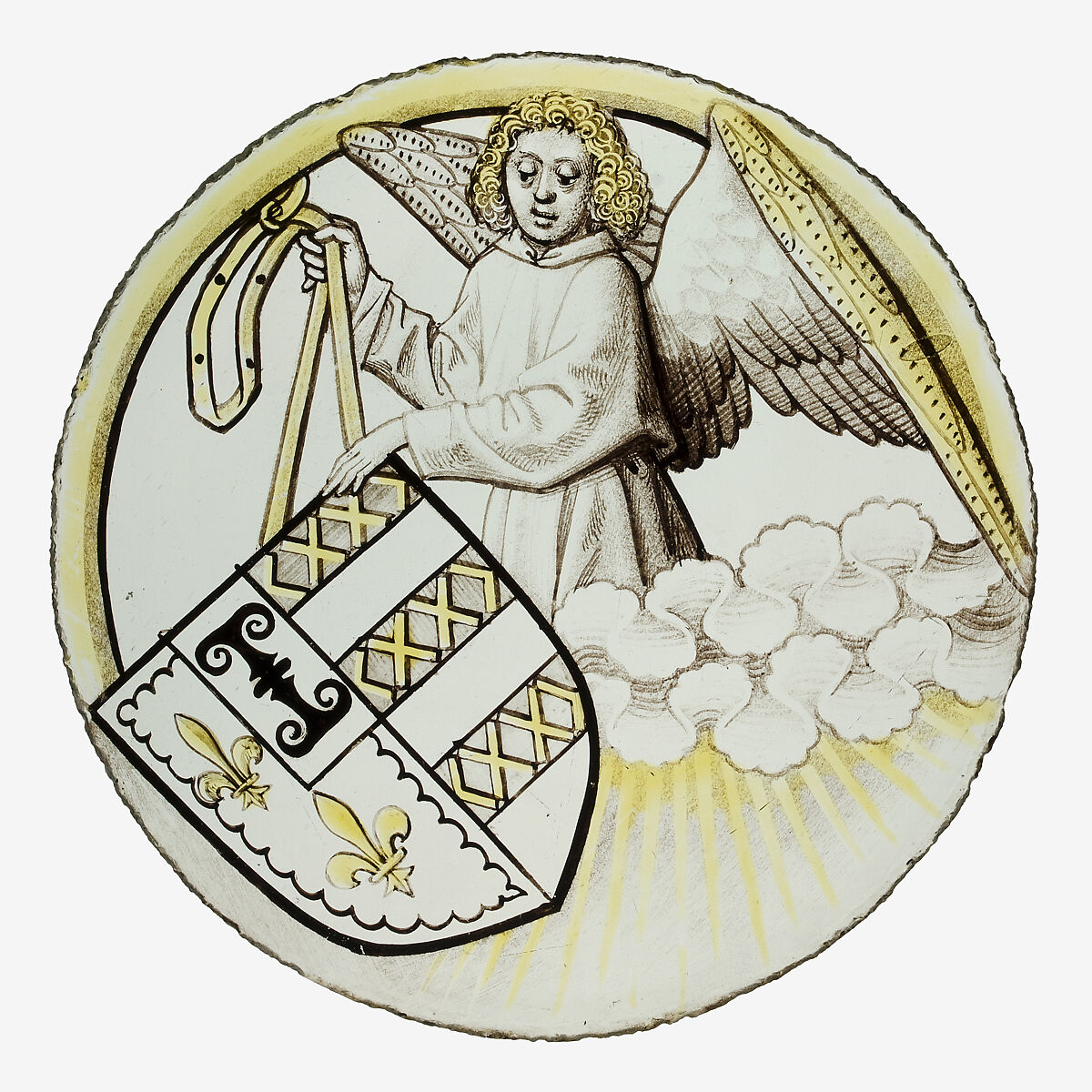 Roundel with Angel Supporting a Heraldic Shield, Colorless glass, silver stain, vitreous paint, South Netherlandish