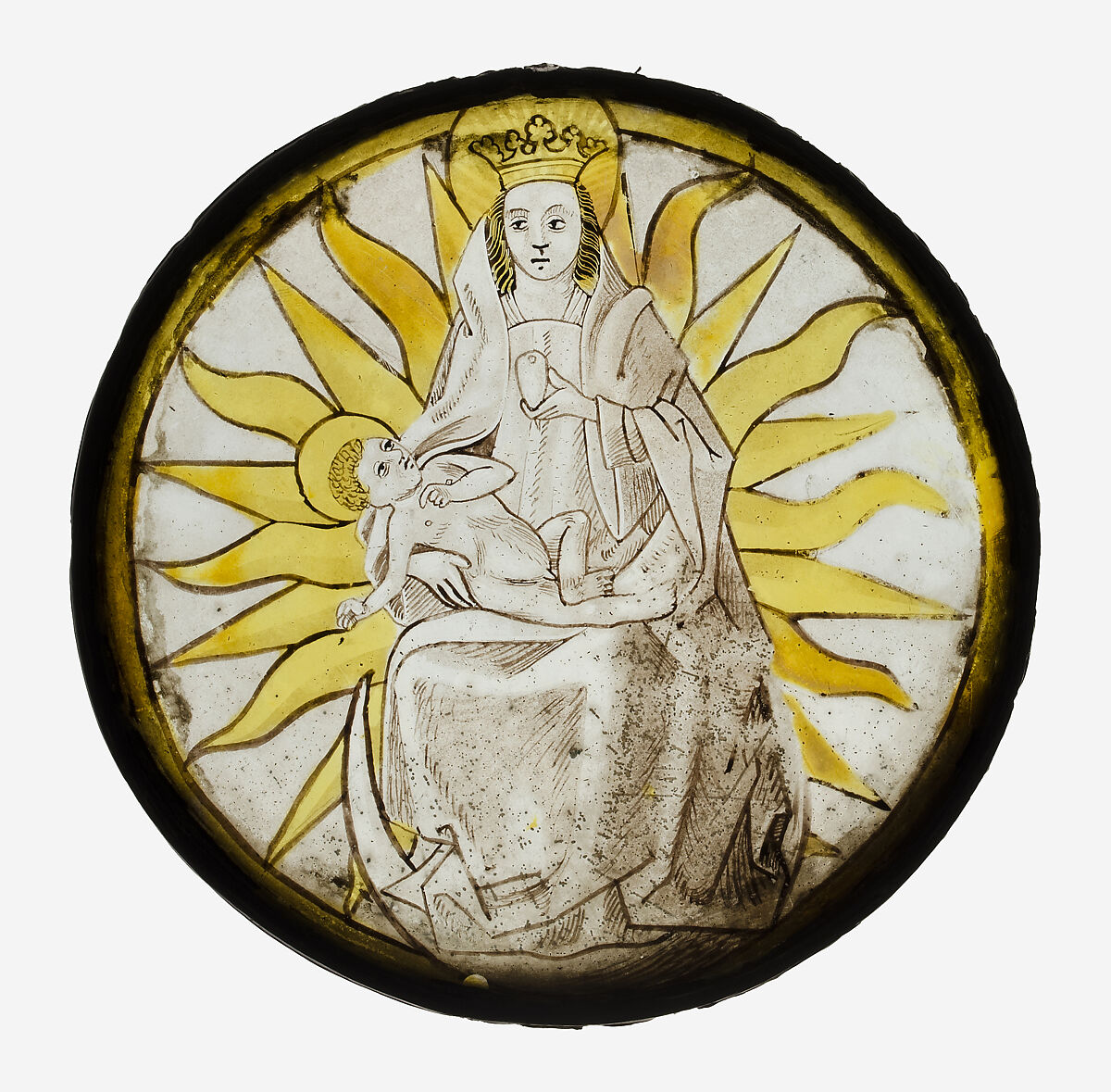 Roundel with the Virgin and Child, Colorless glass, silver stain, vitreous paint, German 