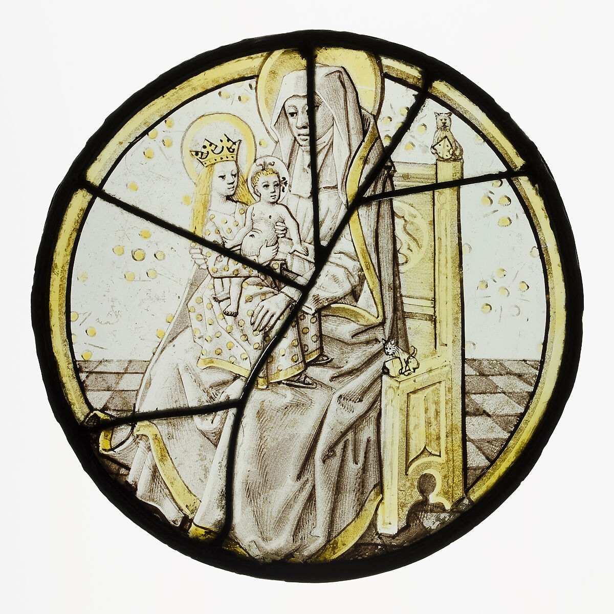 Roundel with Saint Anne with the Virgin and Child, Colorless glass, silver stain, vitreous paint, South Netherlandish 