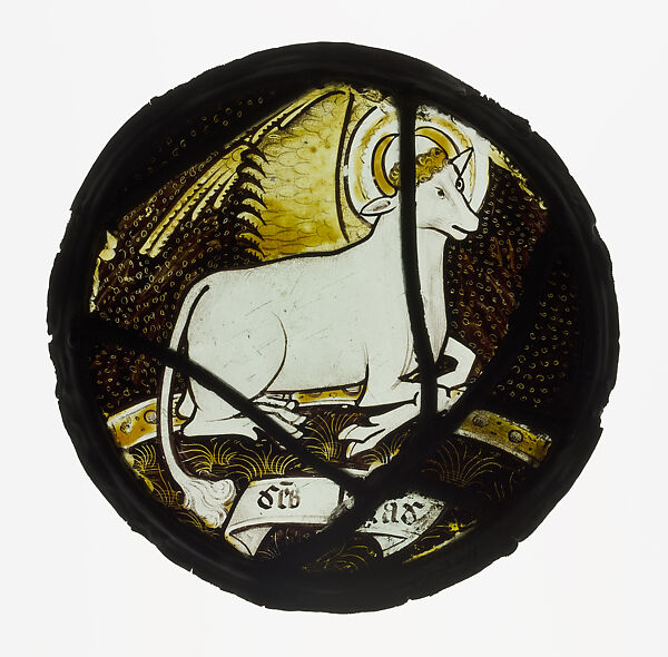 Roundel with Winged Ox, Colorless glass, silver stain, vitreous paint, British 