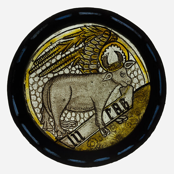 Roundel with Winged Ox, Colorless glass, silver stain, vitreous paint, British 