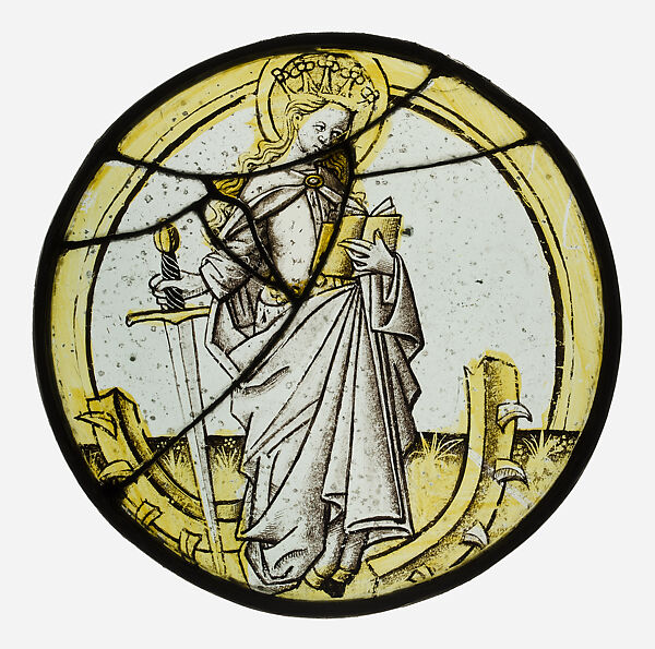Roundel with Saint Catherine of Alexandria, Colorless glass, silver stain, vitreous paint, British 
