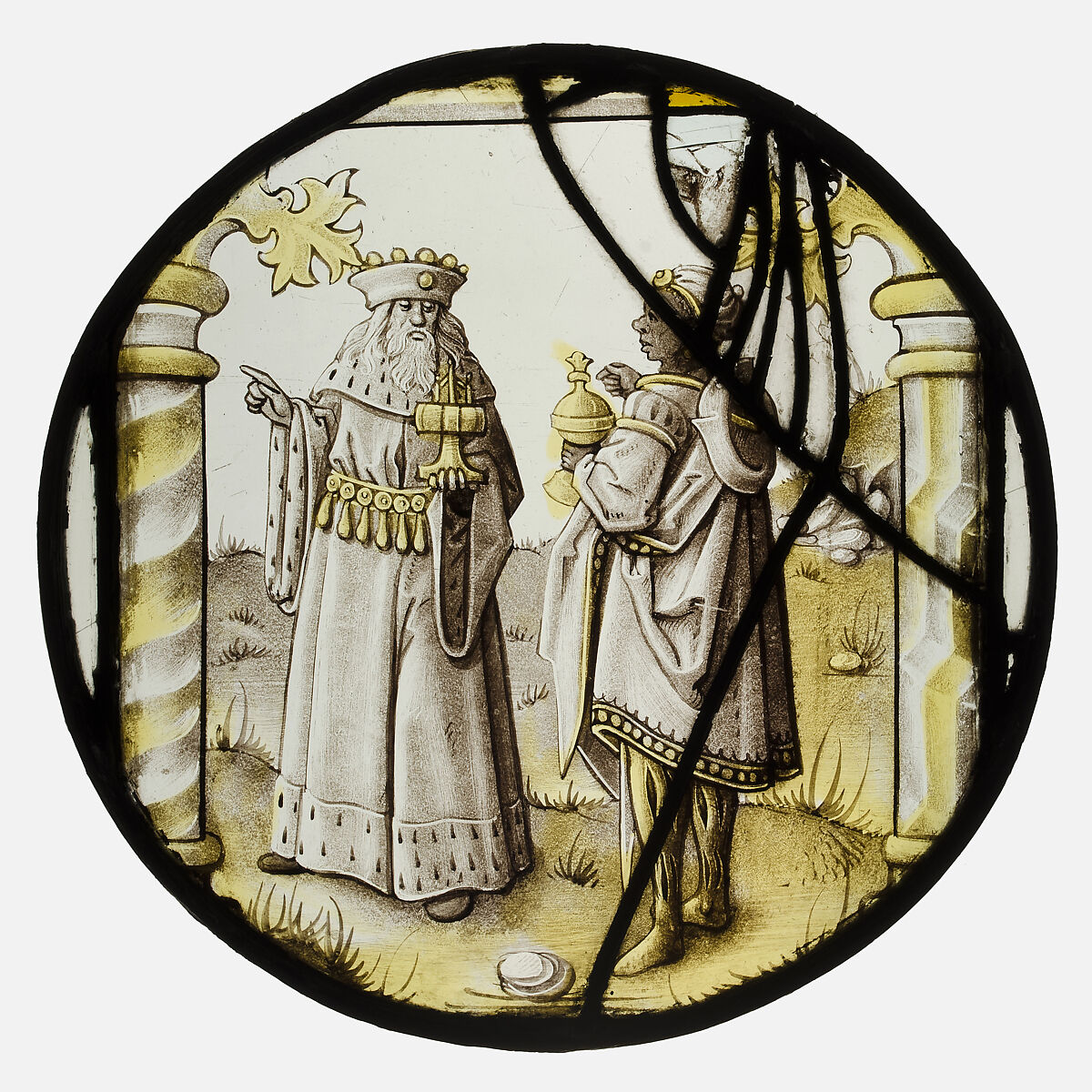 Roundel with two Kings from an Adoration Group, Colorless glass, silver stain, vitreous paint, German 
