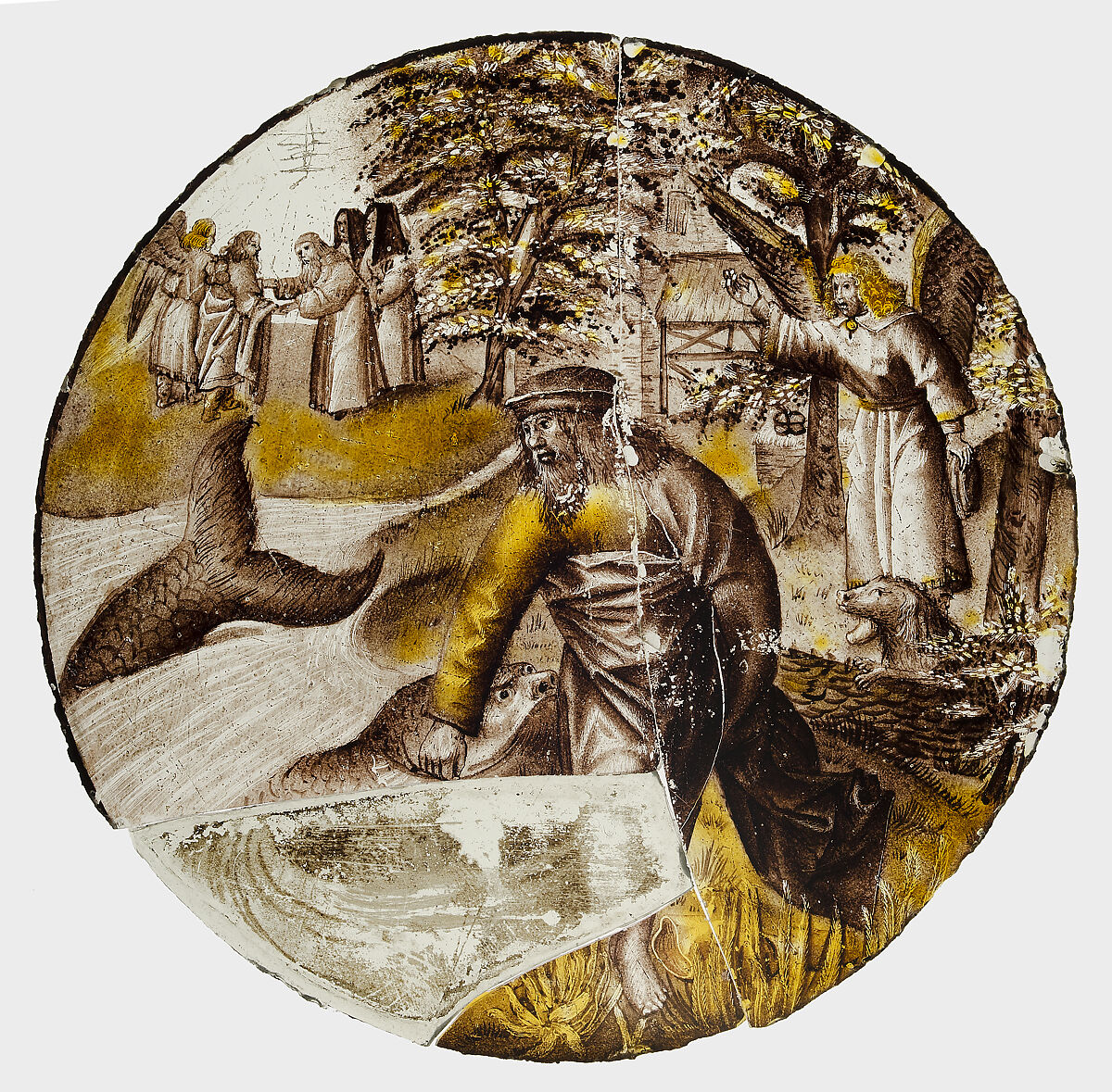 Roundel with Tobias Drawing the Fish from the Water, Colorless glass, silver stain, vitreous paint, South Netherlandish 