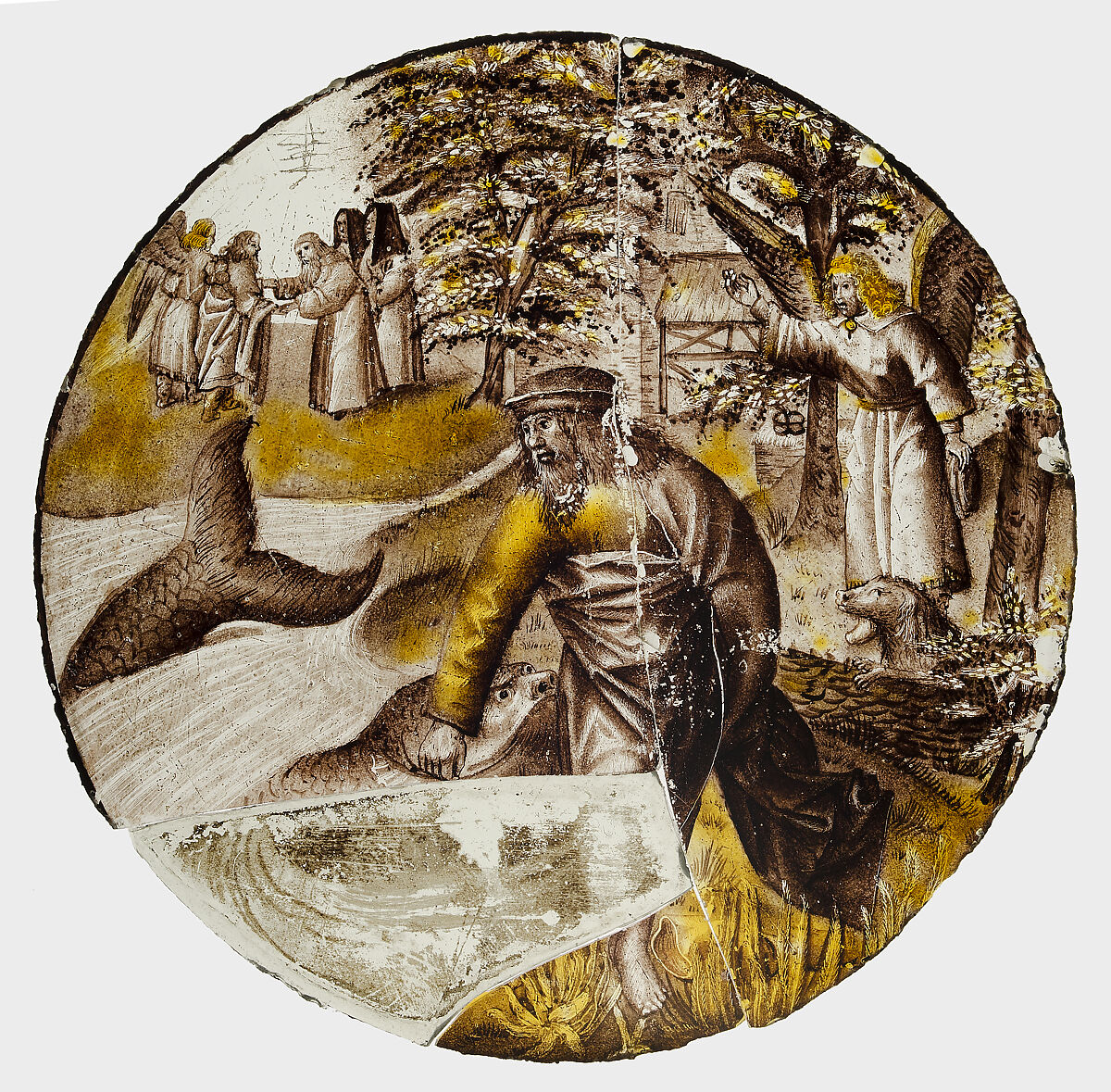 Roundel with Tobias Drawing the Fish from the Water, Colorless glass, silver stain, vitreous paint, South Netherlandish