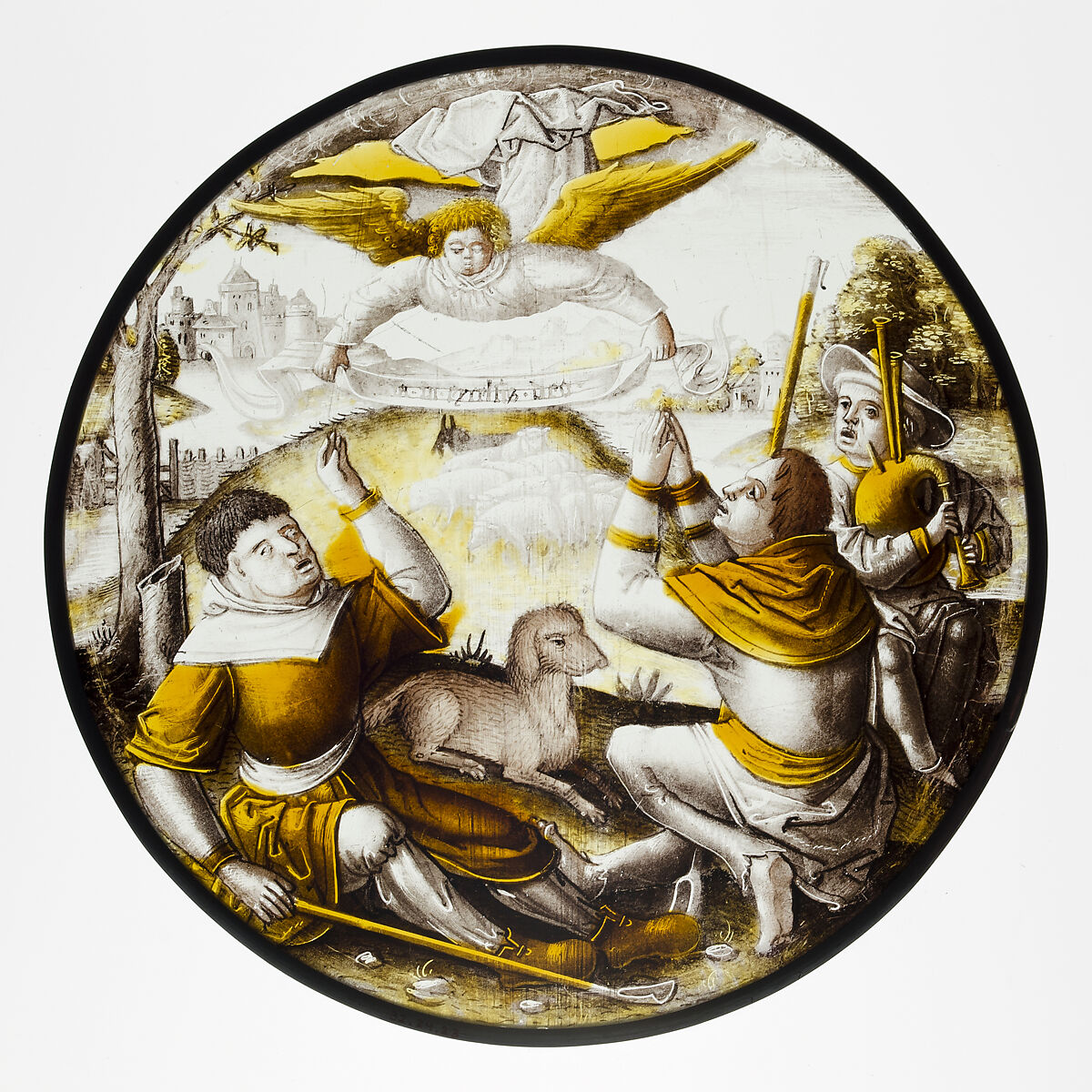 Roundel with Annunciation to the Shepherds, Colorless glass, vitreous paint and silver stain, North Netherlandish 