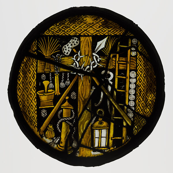 Roundel with Instruments of the Passion, Colorless glass, silver stain, vitreous paint, British