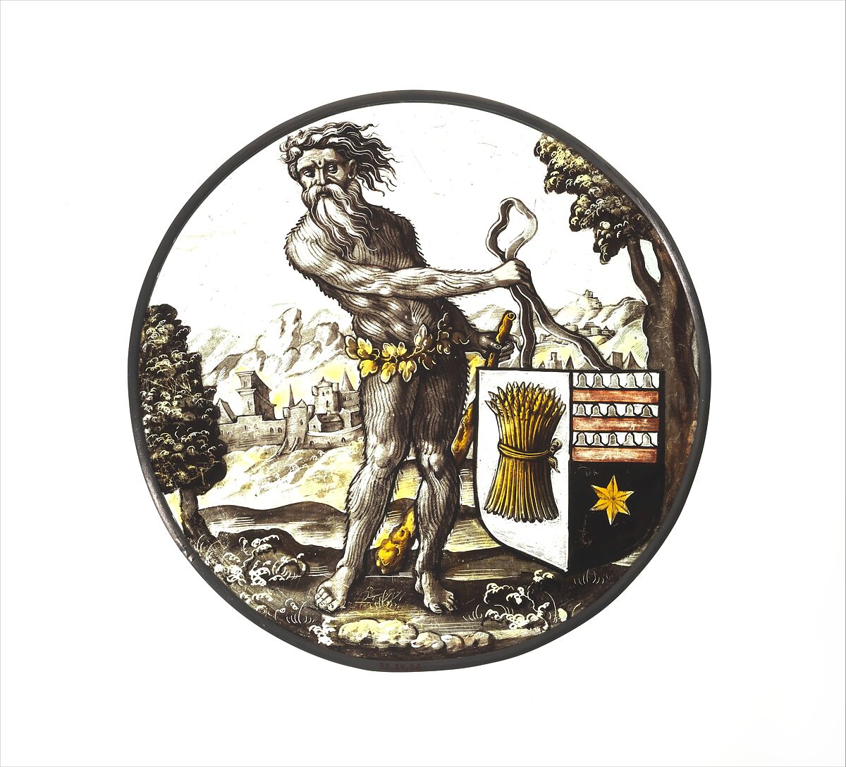 Roundel with Wild Man Supporting a Heraldic Shield, Colorless glass, vitreous paint and silver stain, South Netherlandish 