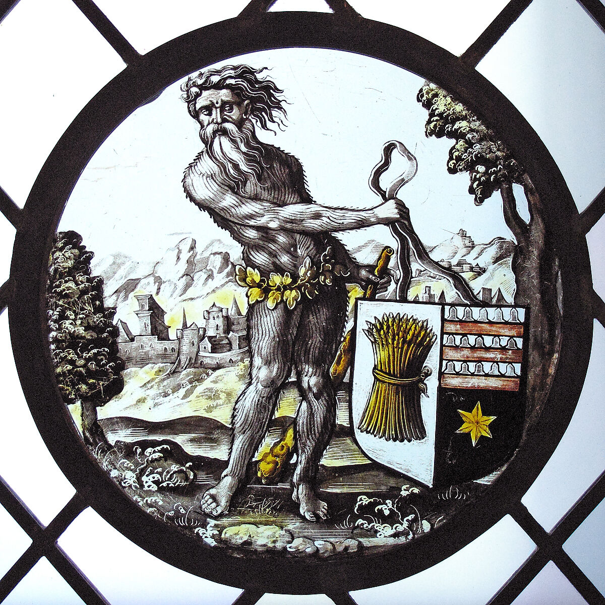 Roundel with Wild Man Supporting a Heraldic Shield, Colorless glass, vitreous paint and silver stain, South Netherlandish