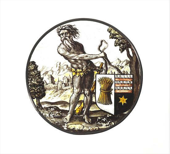 Roundel with Wild Man Supporting a Heraldic Shield
