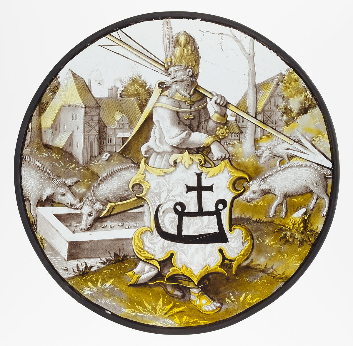 Roundel with Turkish Soldier holding an Arrow and Support, Colorless glass, vitreous paint and silver stain, North Netherlandish 