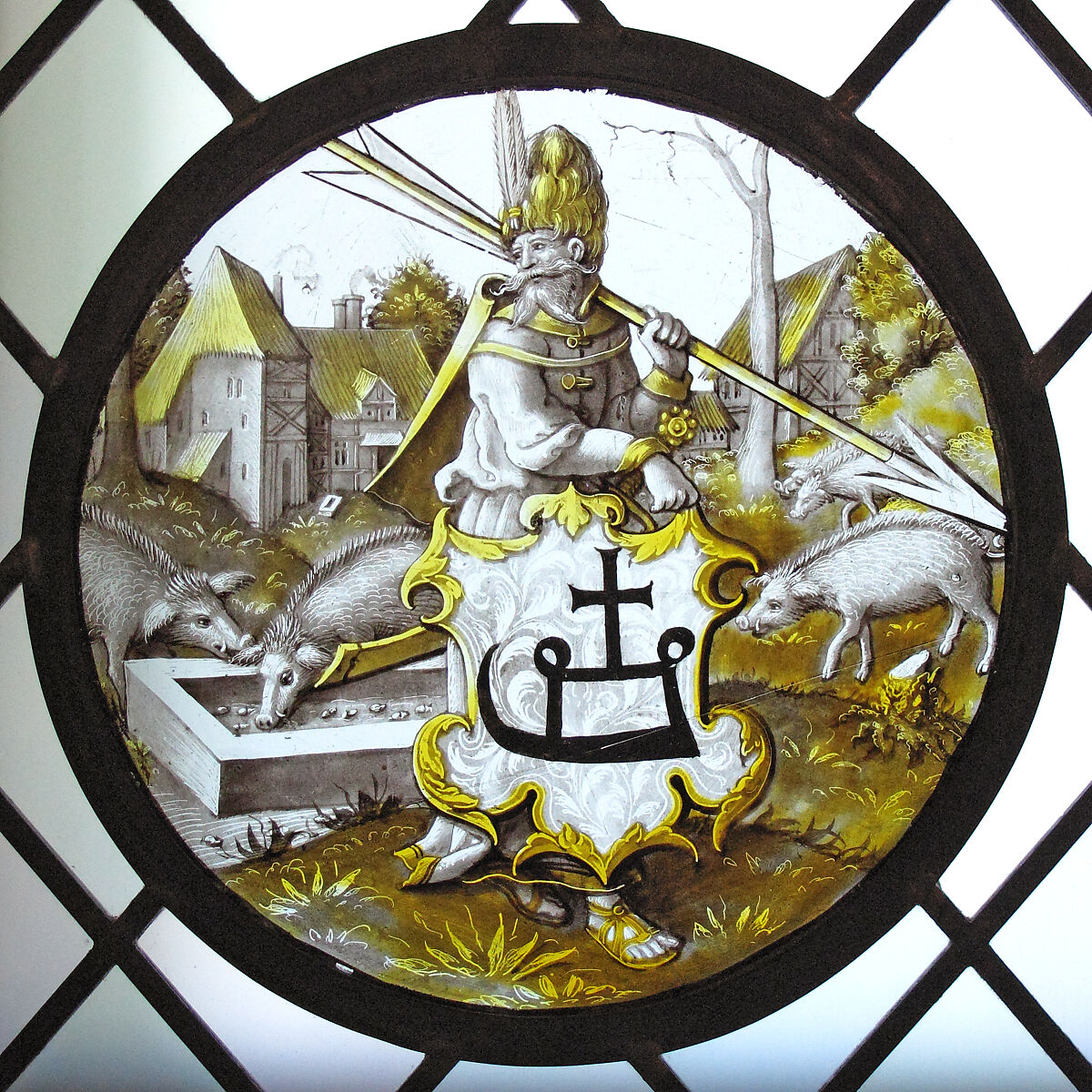 Roundel with Turkish Soldier holding an Arrow and Support, Colorless glass, vitreous paint and silver stain, North Netherlandish
