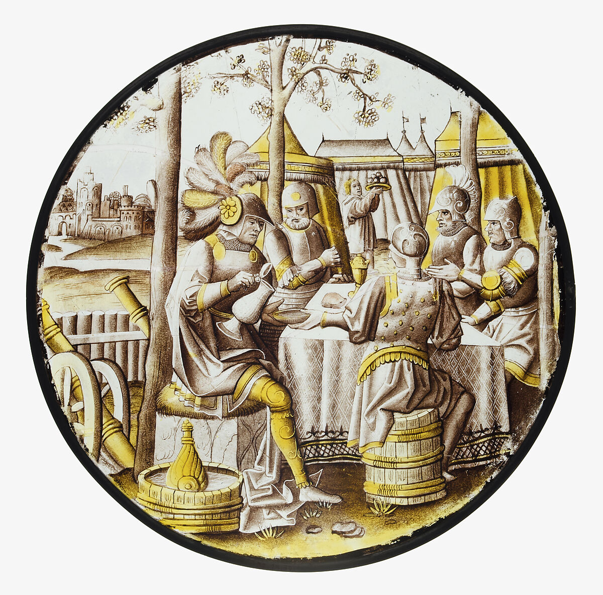 Roundel with Ben-Hadid and the Siege of Samaria, Colorless glass, vitreous paint and silver stain, South Netherlandish 