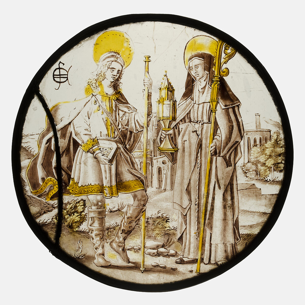 Roundel with Saint Jodocus and St. Clare of Assisi, Colorless glass, silver stain, vitreous paint, South Netherlandish 
